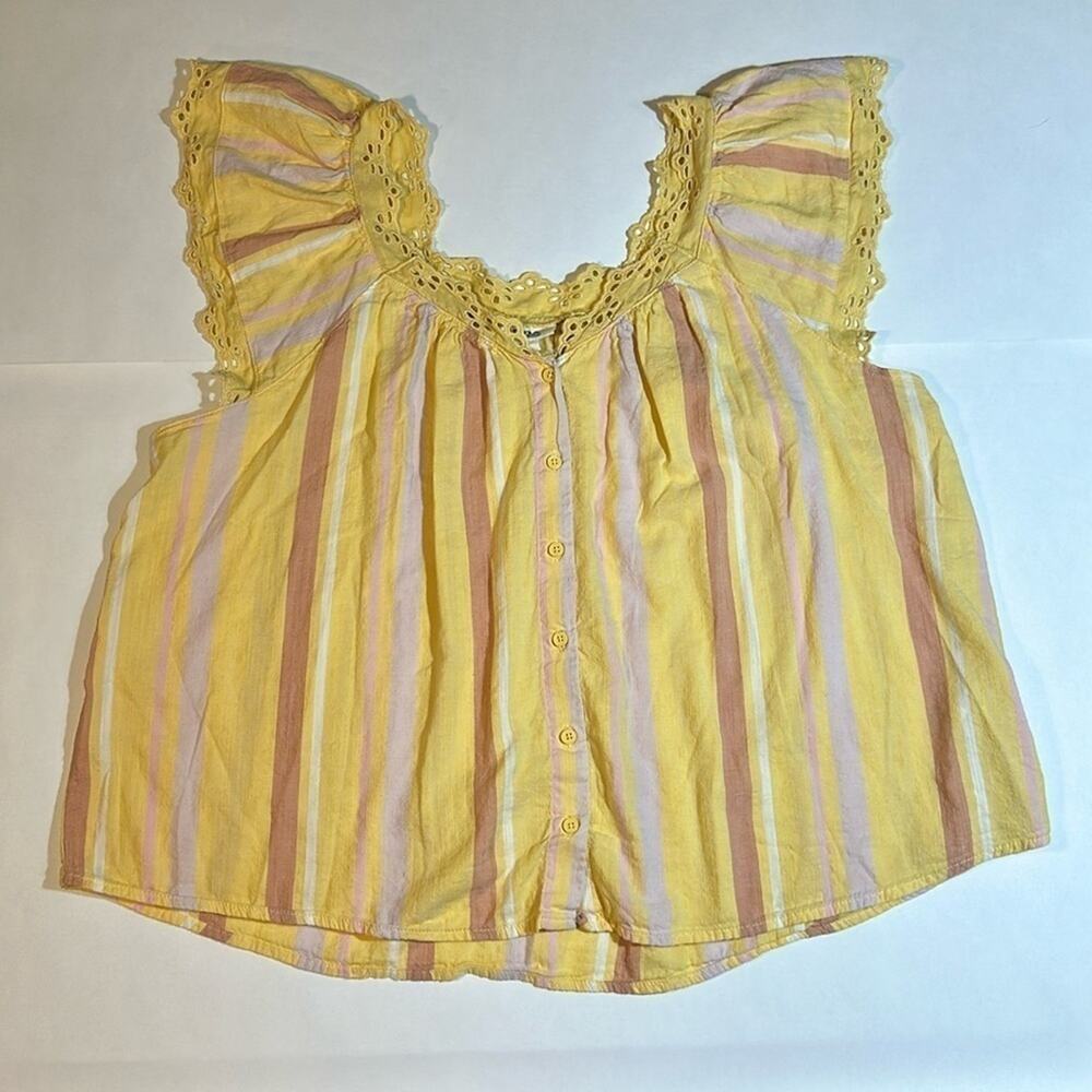 A.n.a Women's Yellow White Pink W/ Lace Trim Button Up Top, Size XL